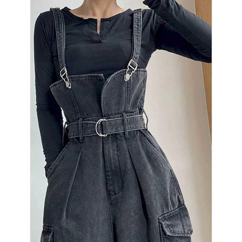 Black denim womens jumpsuit Korean retro Playsuit wide leg pants loose mens tight fitting clothing X250318