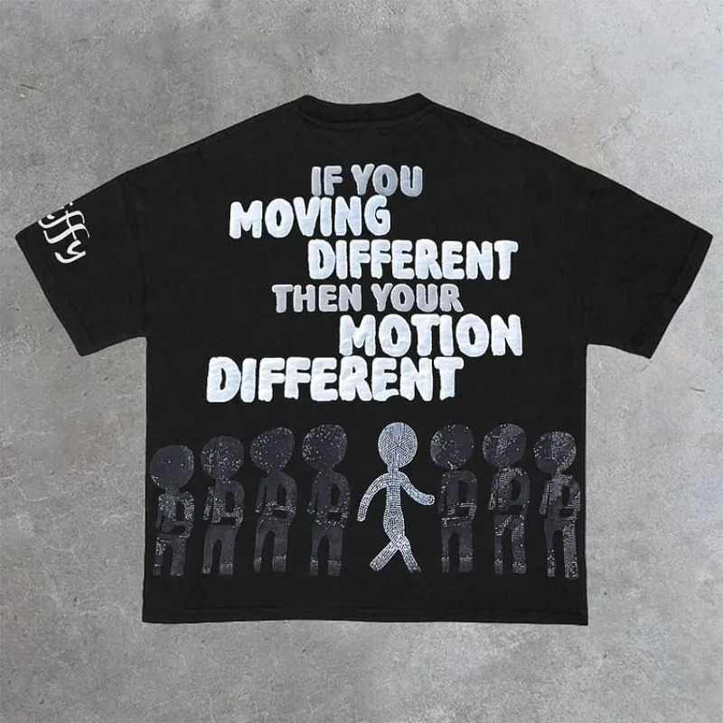 Vintage Motion Different Graphic 100% Cotton Short Sleeve T-Shirt Men Y2K Short Sleeves Oversize Tshirt Streetwear Women Tops 250318