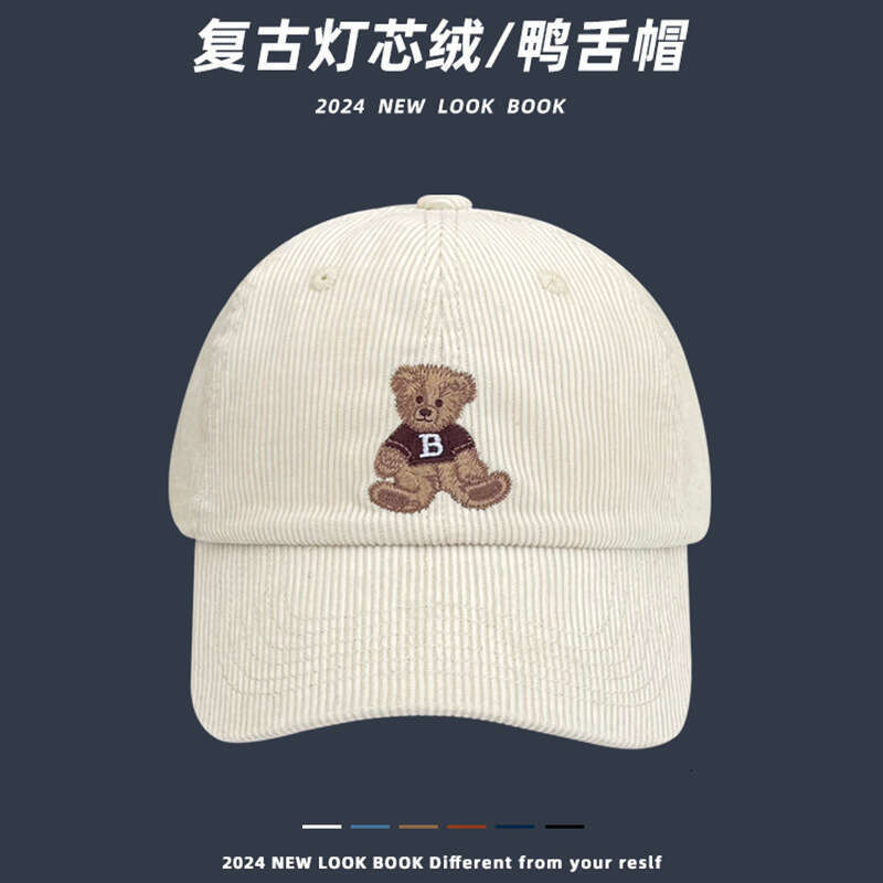 Corduroy duckbill for women in spring and autumn, color blocked brown bear, big head circumference, face highlighting, small baseball cap