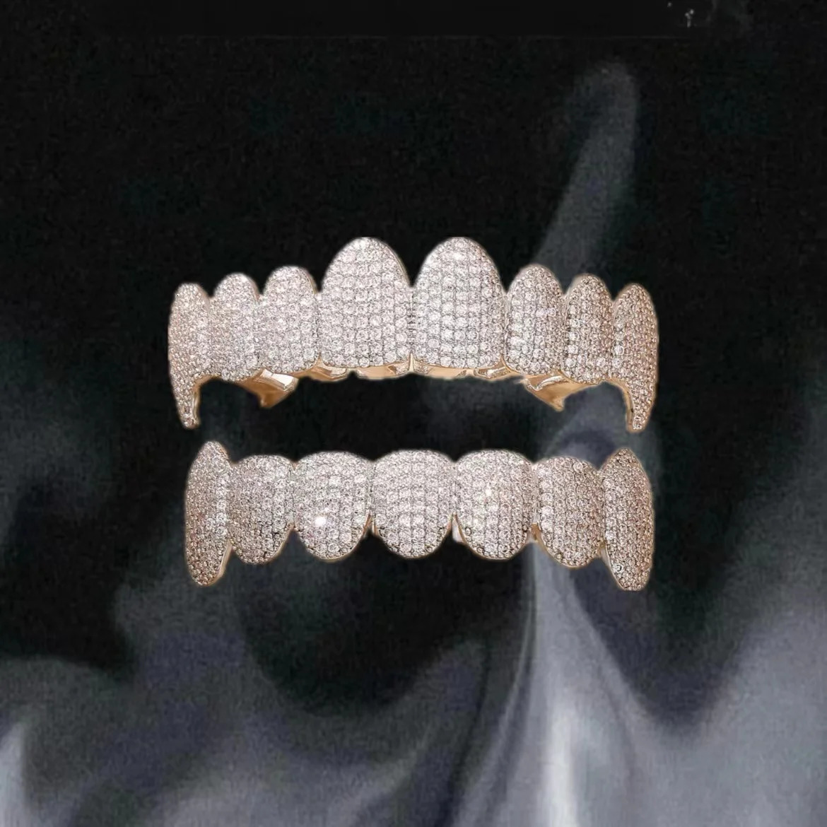 YOUNGX Hip Hop 8/8 Full Iced Out CZ Stone Teeth Top Bottom Zircon Tooth Caps For Women Men Body Jewelry Cosplay Fangs 250318