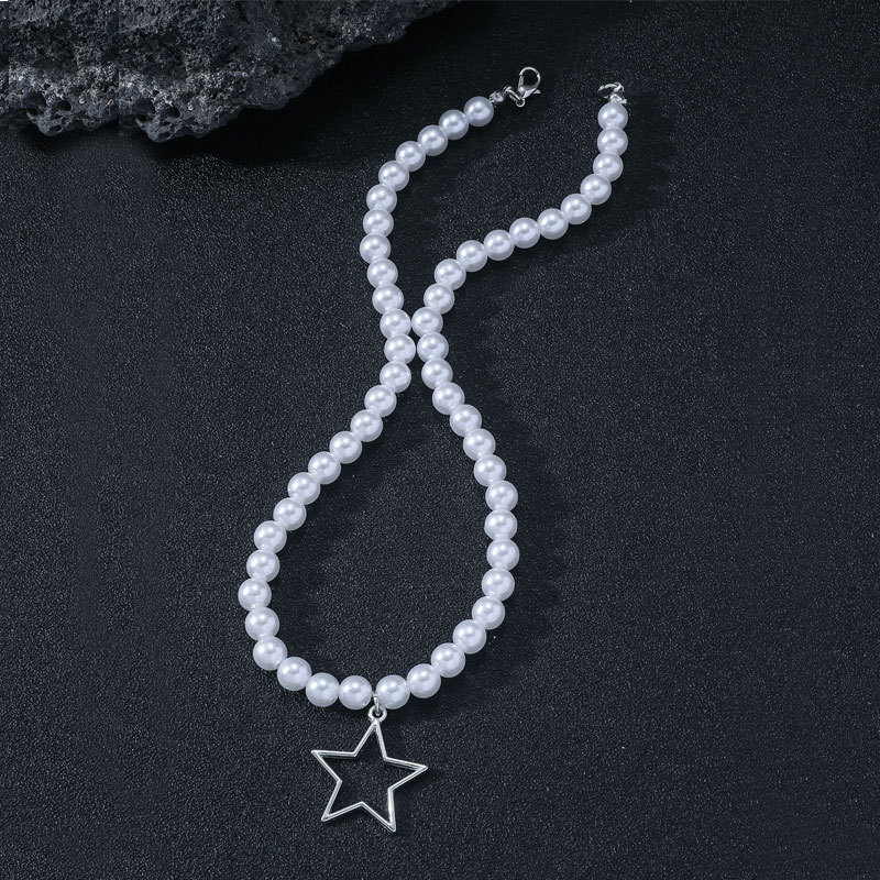 8mm Highlighter Imitation Pearl Necklace For Men And Women Hollow Five-pointed Star Pendant Necklace Jewelry