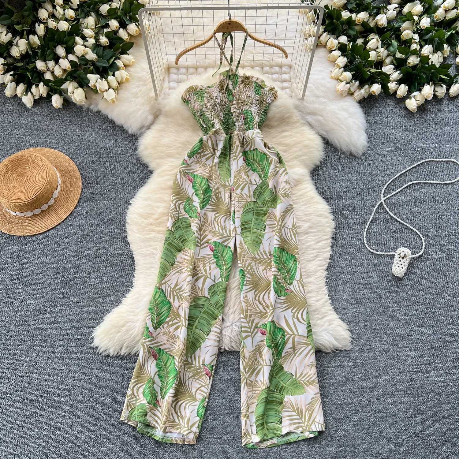 2024 New Summer Sexy Bohemian Leaf Printed jumpsuit Womens sleeveless sexy long jumpsuit sleeveless casual holiday beach jumpsuit X250318