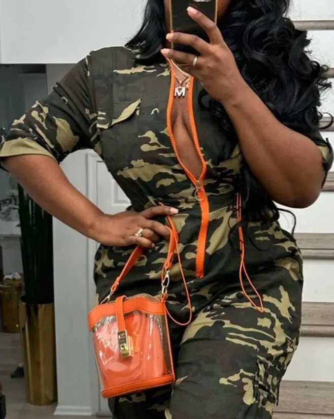 Fashion womens jumpsuit 2025 summer camouflage print zipper pocket design casual one-piece jumpsuit Strtwear Y2K clothing X2503181