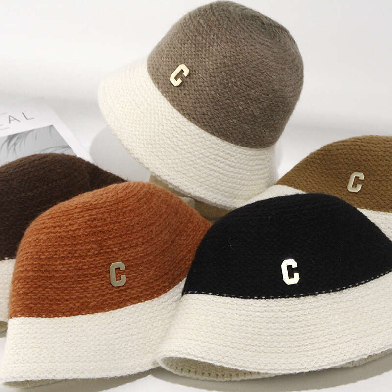 Autumn winter children's C letter color blocked knitted hats, feminine temperament, fashionable and casual look, small splicing design, bucket ha