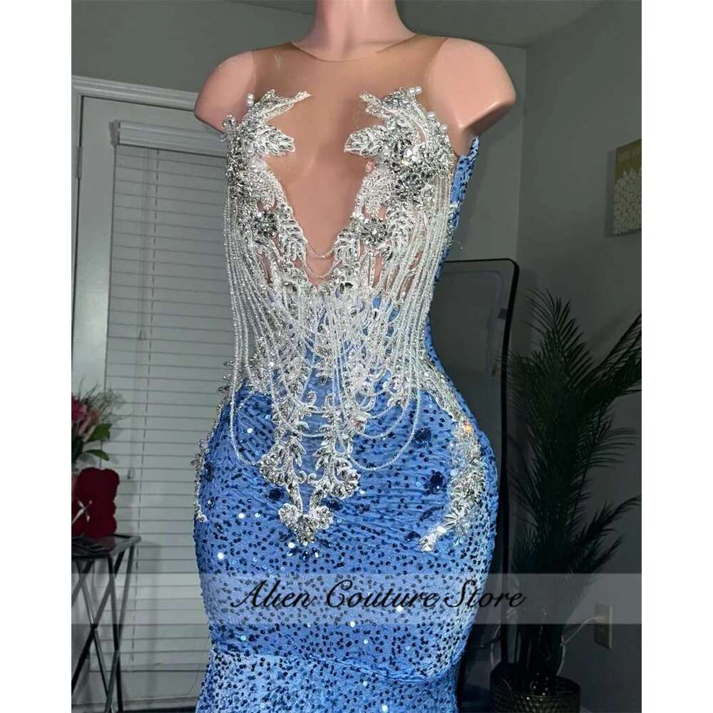 Blue Sequins Mermaid Prom Dresses Elegant Or-Length Glitter Beading Crystals Pearls Tassels Birthday Gown Customized Dr0318