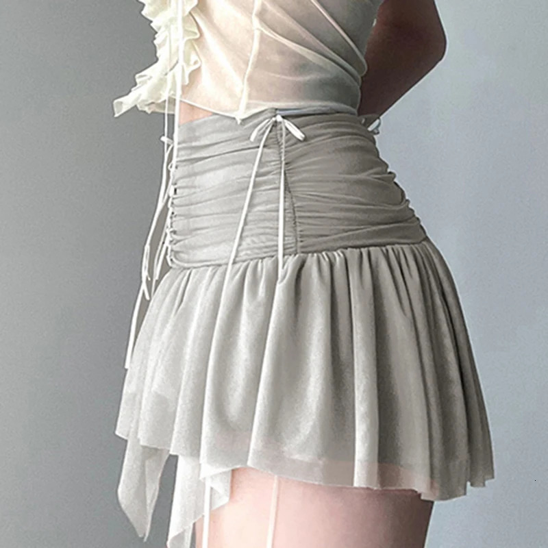 CIBBAR Folds Transparent Mesh Mini Skirt Y2k Irregular Low Rise Patchwork Pleated Skirts for Women Vintage 90s Clothing Ladies 250318