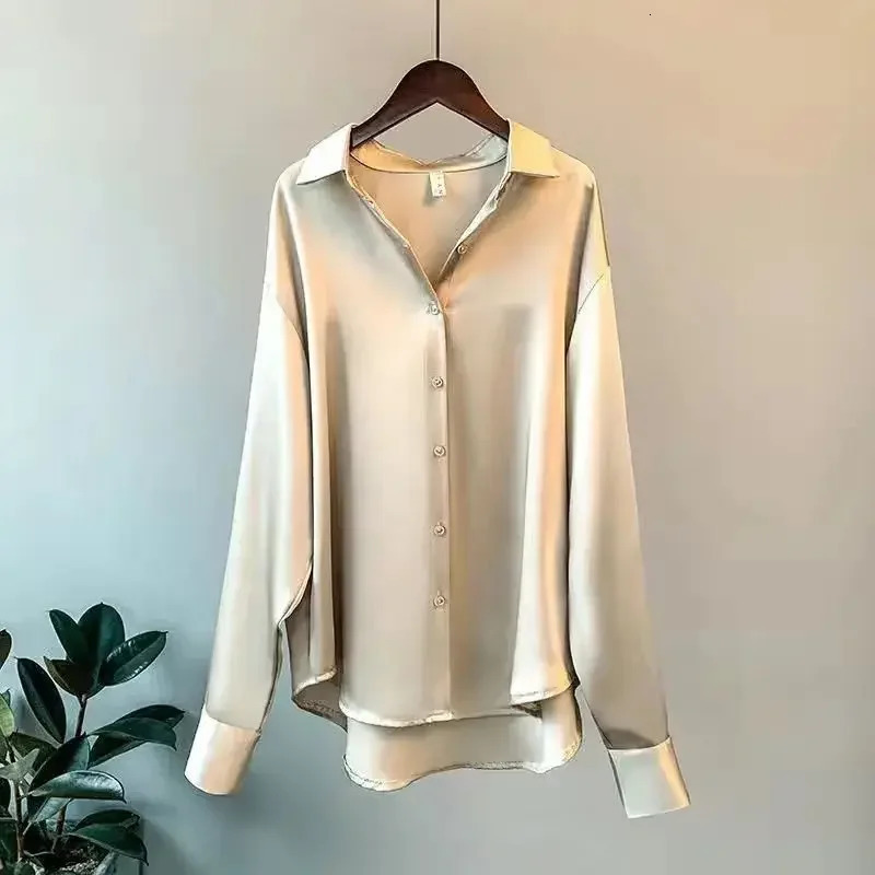 Silk Shantung Womens Long Sleeve Shirt Drapey Vintage n Unique Hong Kong Style Versatile Top Button up Casual Fashion 250318