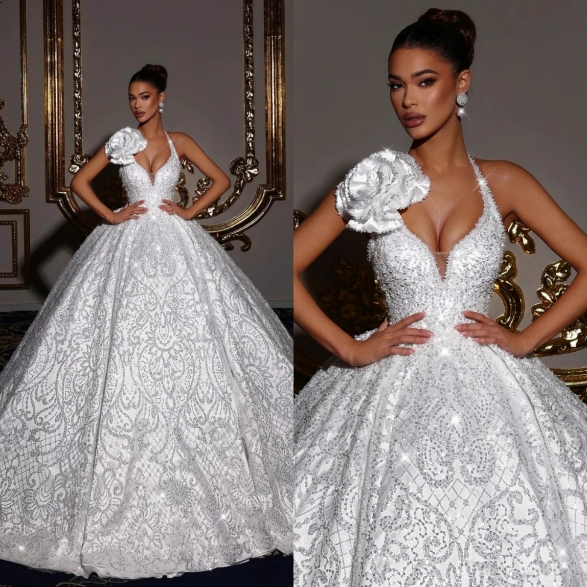 Illusion A e Women Wedding Halter Neck Sleeveless Bridal Gowns Handmade wer Sequins Pearls Sweep Train Dress Custom Made