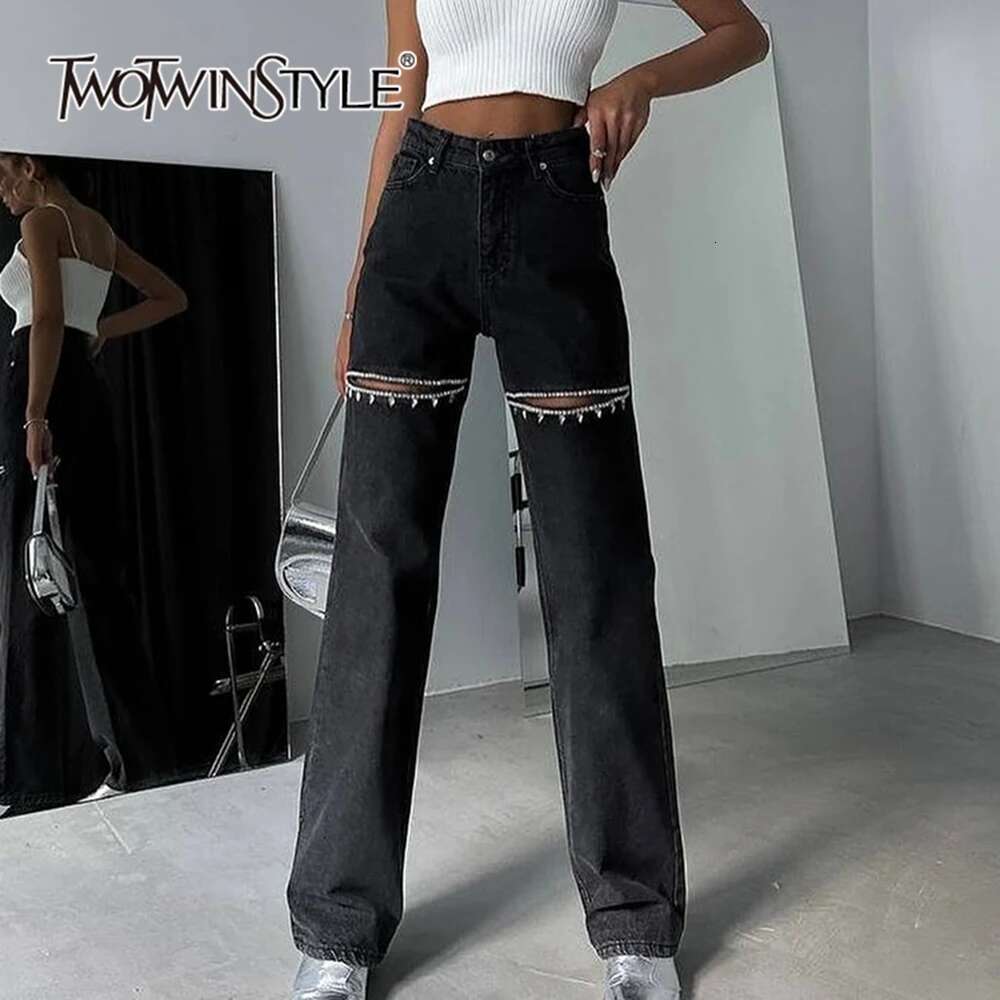 TWOTWINSTYLE Hollow Out Patchwork Dias Jeans For Women High Waist Spliced Pocket Casual Denim Pants Female Fashion Clothes