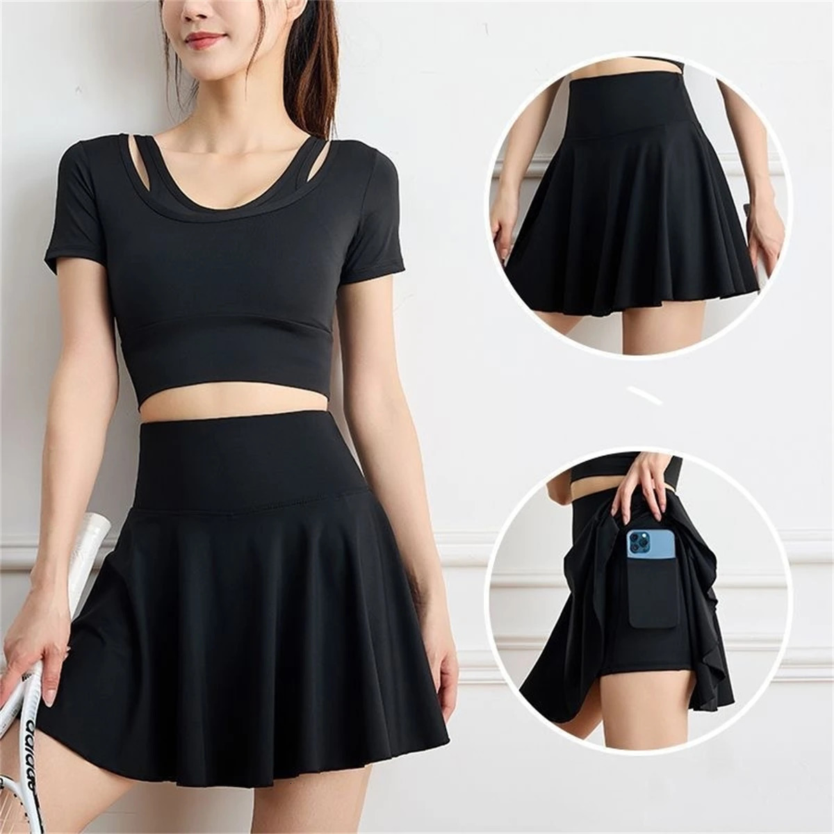 Women Pleated Tennis Skirt Solid Two Sports Skirts High Waist Pockets Gym Jogging Sport Shorts Summer Spring Casual Skirts 250318