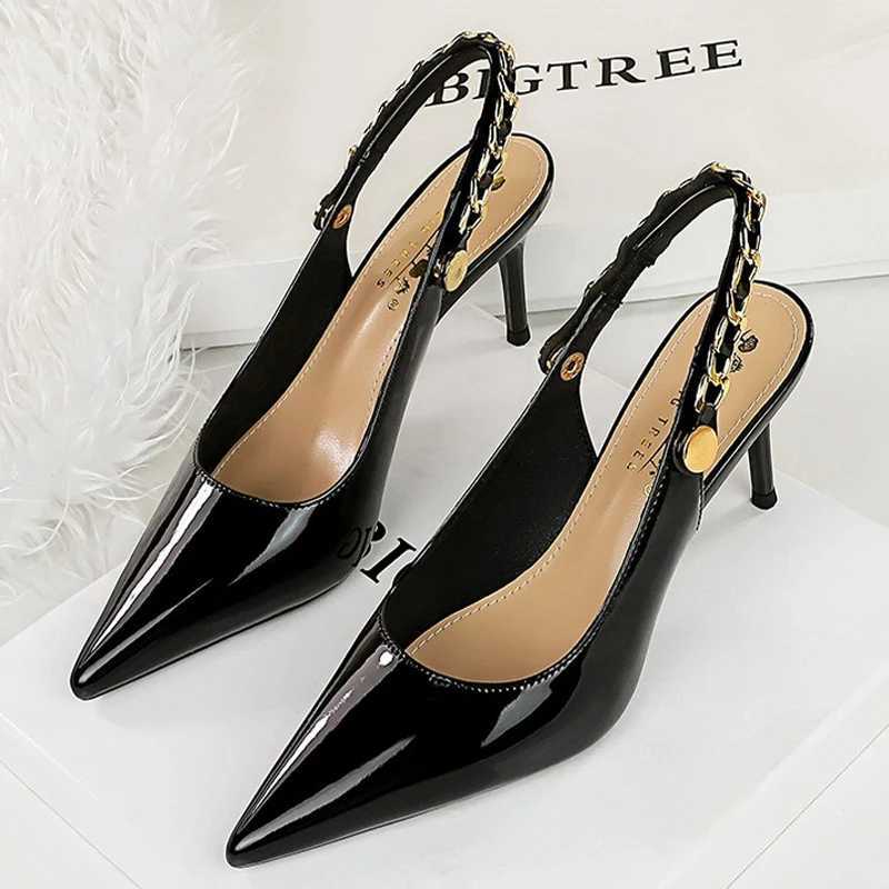BIGTREE Shoes Metal Chain Temperature Pump Patent Leather New Temperature 7cm 9.5cm H Temperature Summer Stiletto Sandals High H Y250317