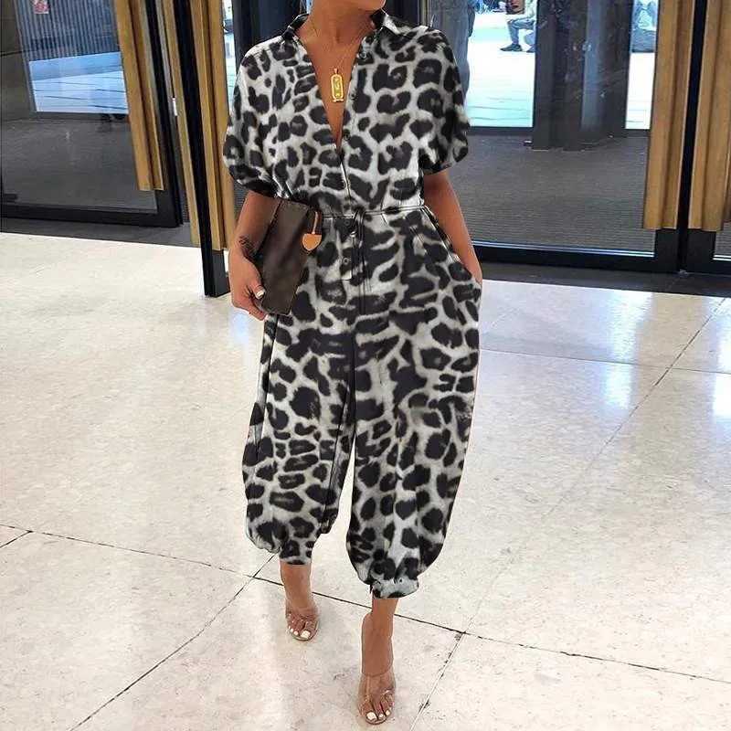 Sexy V-neck short Slve jumpsuit for office womens spring and summer casual leopard print womens jumpsuit 2024 piece jumpsuit X2503181