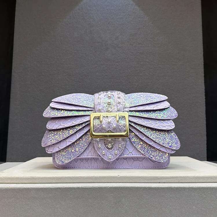 New 2024 Pearl Rivets Wings Women Genuine Leather Trendy Handbags Lady Small Square Shoulder Messenger Bag Sequin Bags