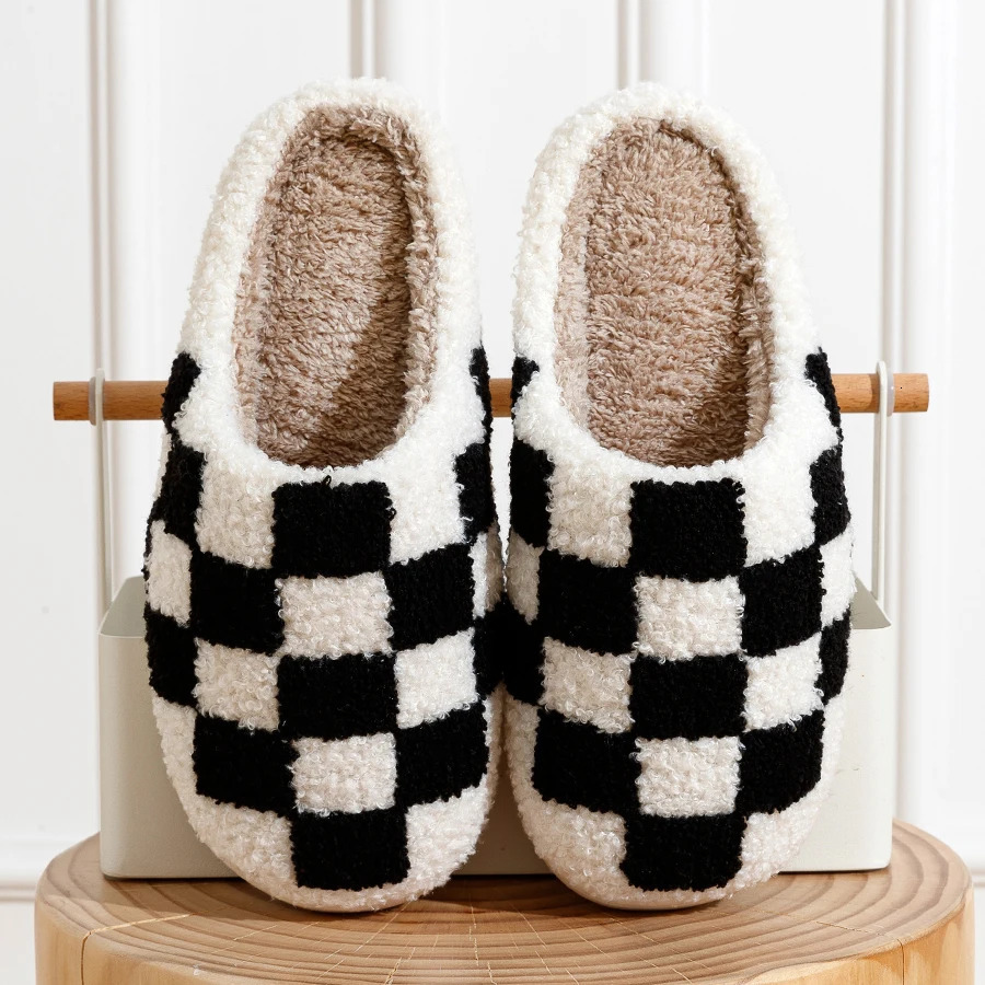 Fuzzy Slippers Fashion Checker Indoor Embroidery Houseshoes Cozy Woman Winter Fluffy House Retro Checkered Print Shoes 250318