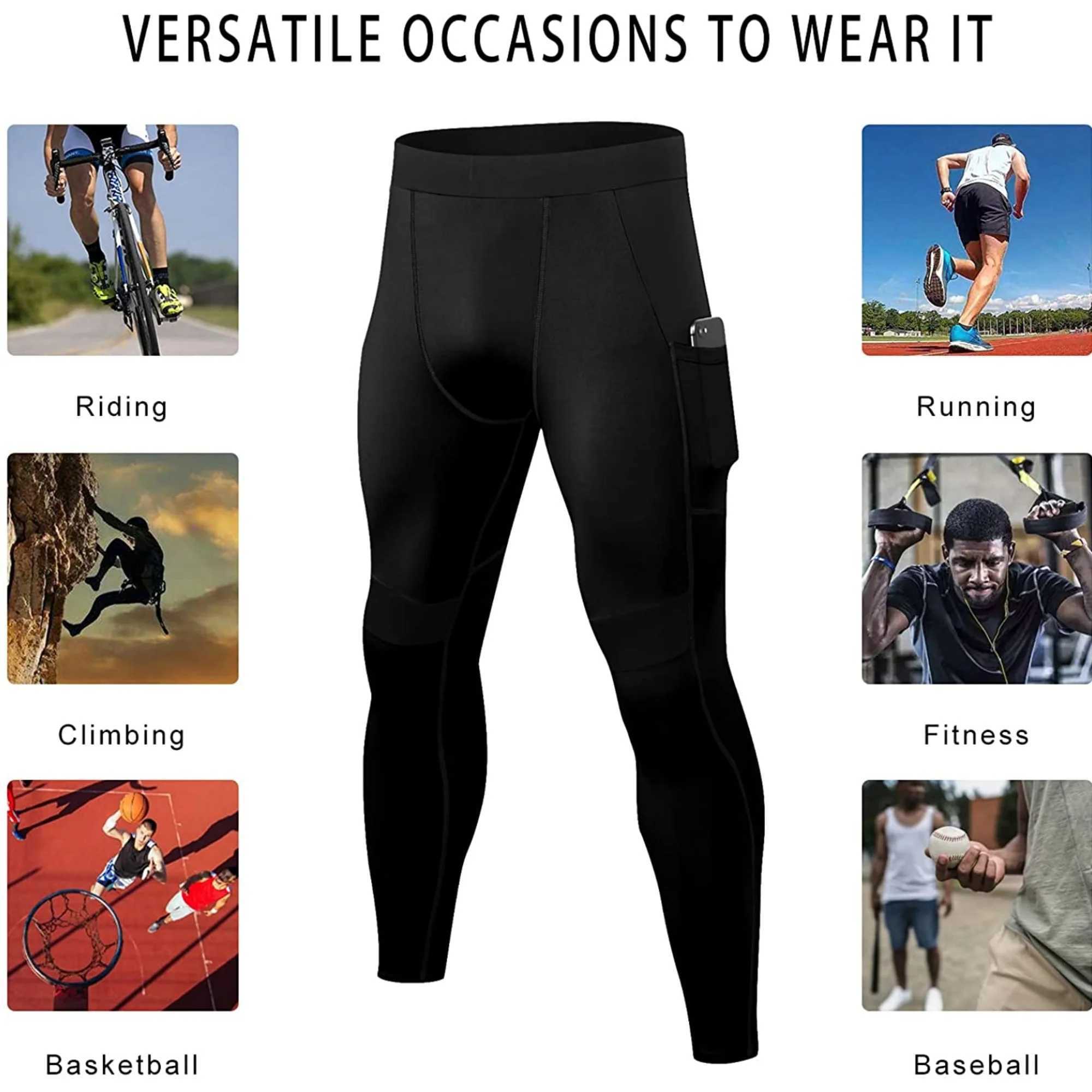 Mens compression pants with pockets exercise legs run tight cool and dry workout gym W250318