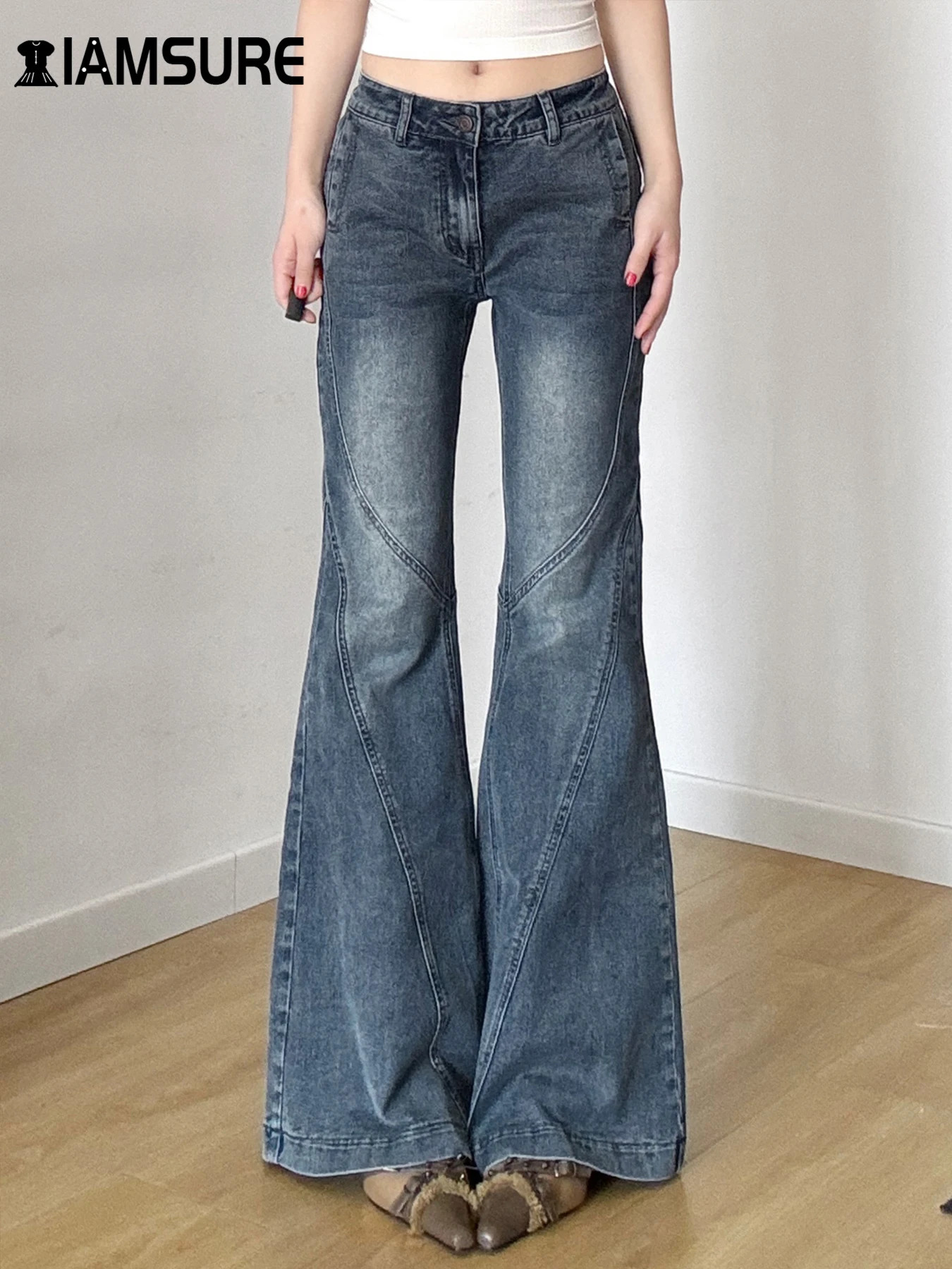 IAMSURE Y2K Casual Slim Pockets Jeans Flare Pants Basic Low Waisted Boot Cut Women Spring Autumn Streetwear Ladies 250317