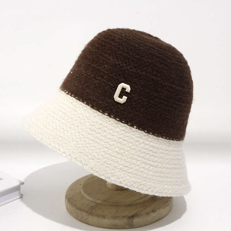 Autumn winter children's C letter color blocked knitted hats, feminine temperament, fashionable and casual look, small splicing design, bucket ha