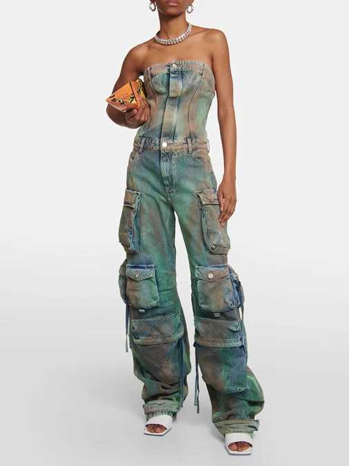 Sexy American hot girl tight strapless jumpsuit retro washed multi pocket cargo pants fashionable denim jumpsuit X250318