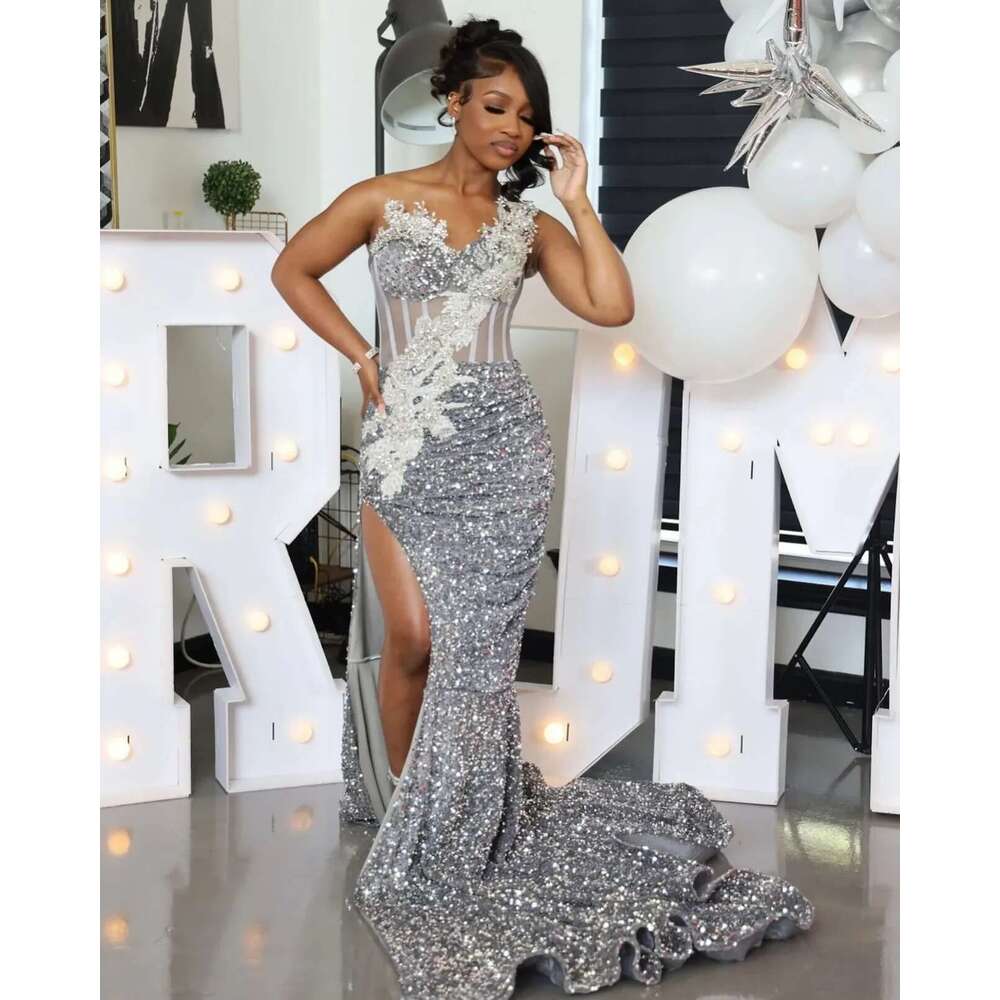 Aso Ebi Sier Mermaid Prom Dresses 2025 One Shoulder Crystals Sequined Corset Evening Birthday Engagement Gowns Customsized Dr0318