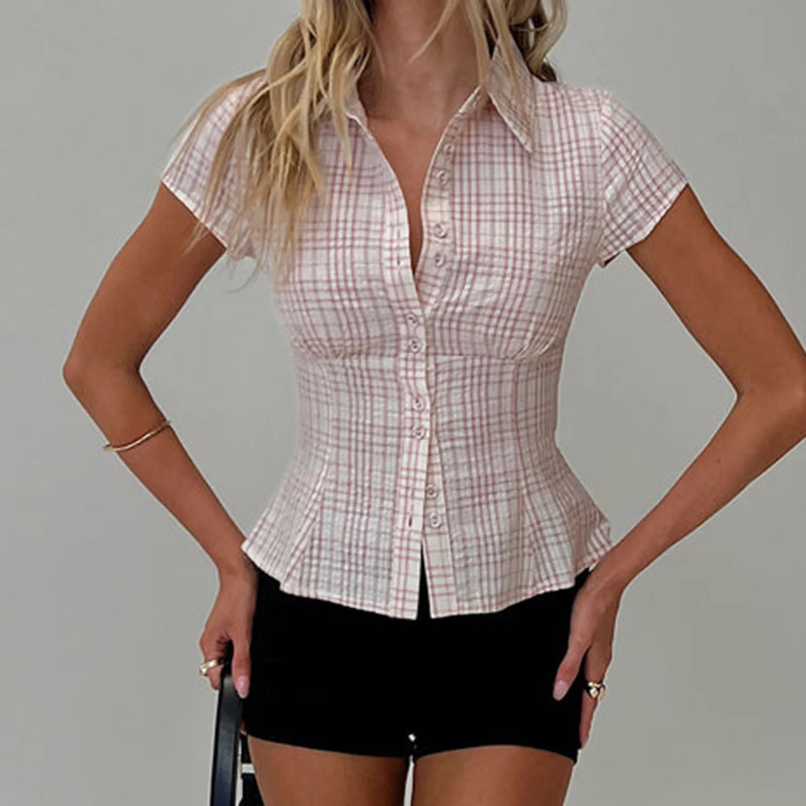 Hirigin womens Y2K short sleeved plain down button loose casual summer shirt top 90s streetwear 250314