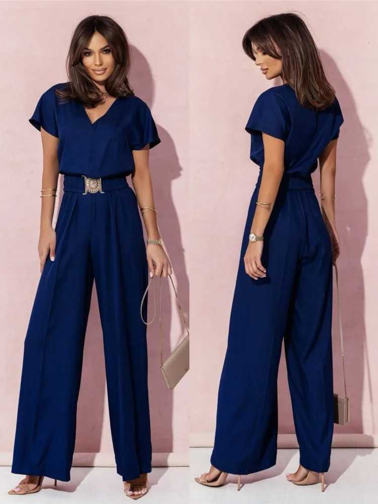 Fashion Women Solid V Neck Short Slve Jumpsuits Summer Casual High Waist Loose Jumpsuit Wide Leg Long Pants Romper With Belts X250318