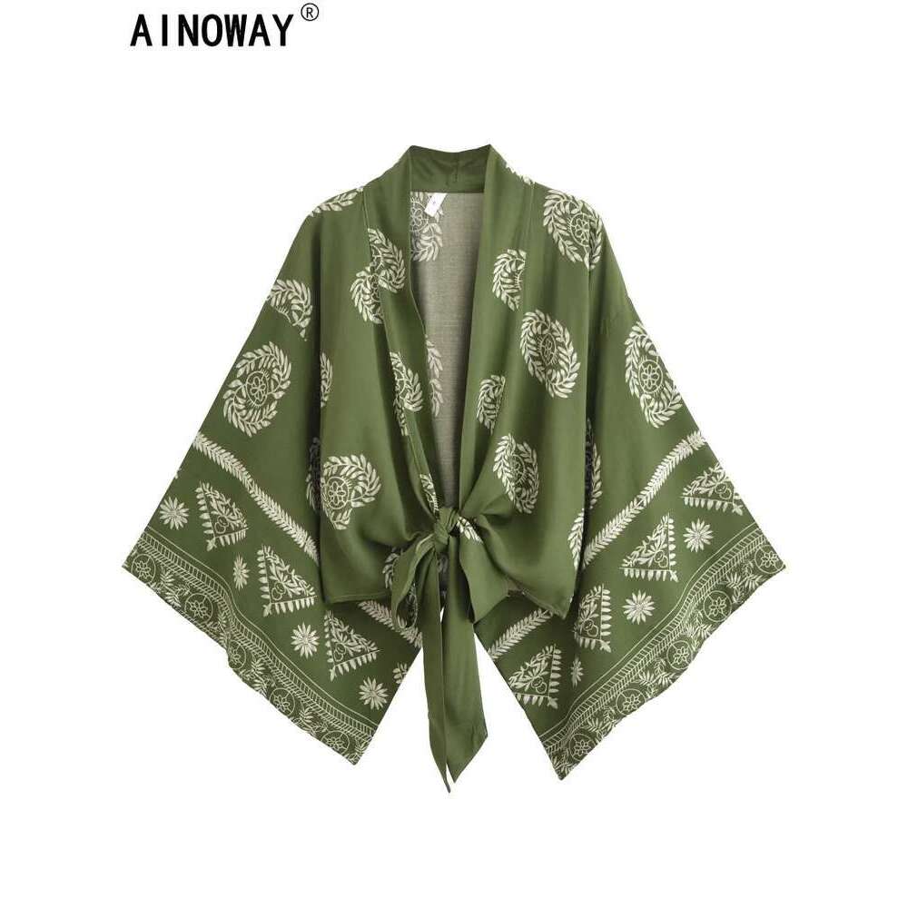 Women's floral printed batsleeved shirt, bohemian kimono, short skirt, vintage swimsuit, beachwear, fashionable