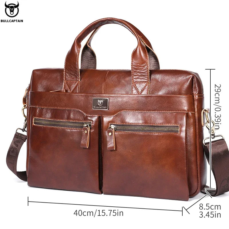 Bullcaptain briefcase shoulder bag mens genuine leather 14 inch laptop handbag office business mens fashionable simple briefcase 250317