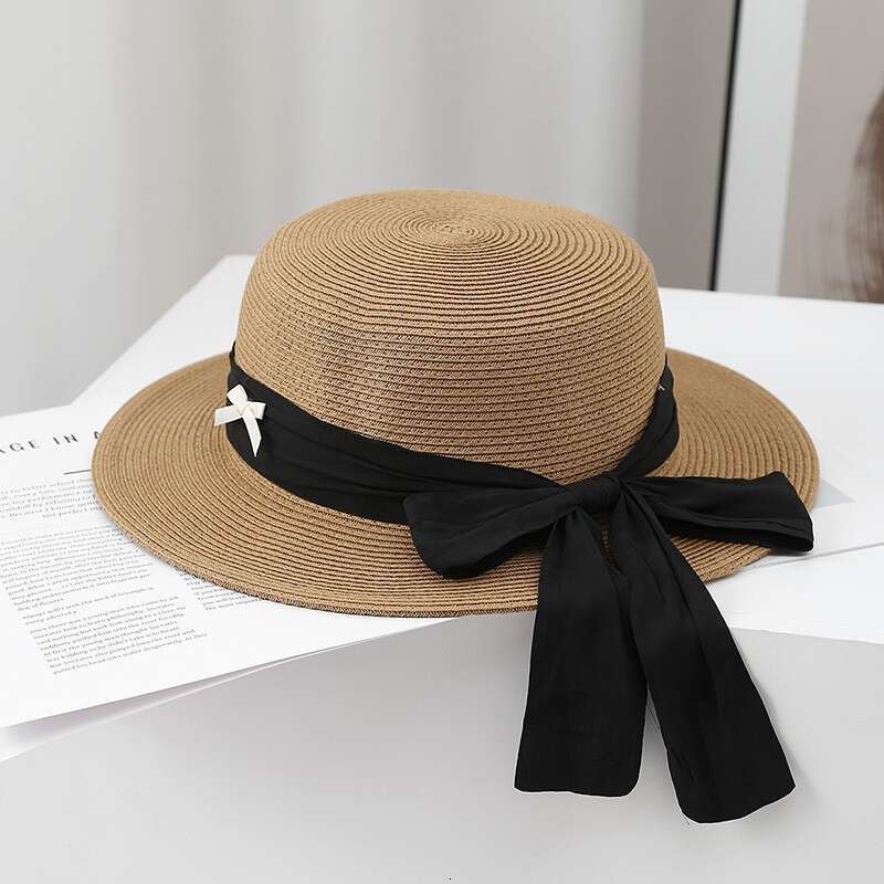 Summer fresh bow big ribbon flat top straw ins women's beach outdoor wide eave sunshade hat
