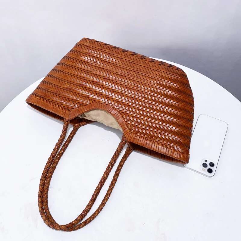 Genuine Leather Handwoven Tote Bags For Women Designer Handbag And Purses 2024 New In Cowhide With Inner Pocket Shoulder