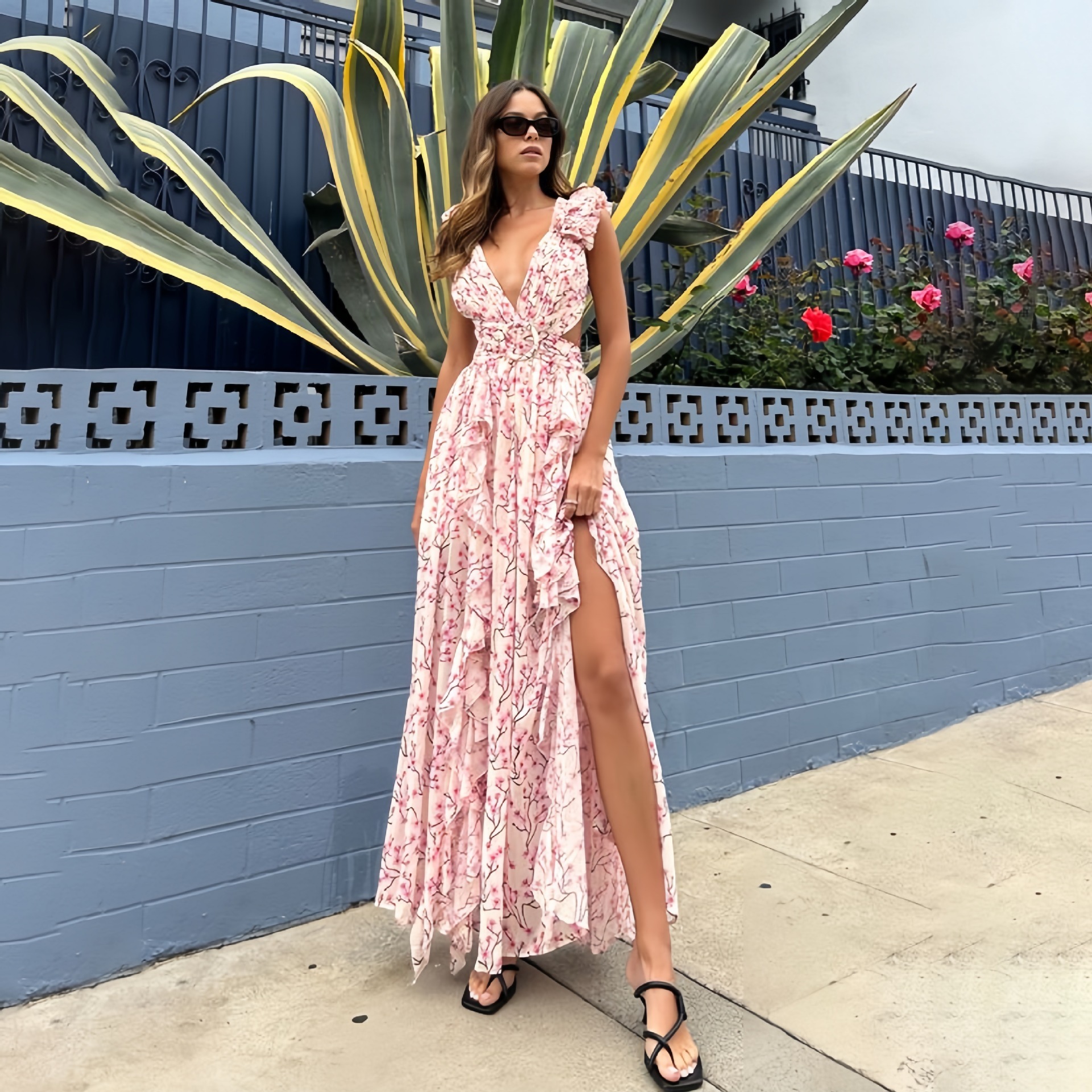 New women's clothing ins holiday long with hollowed out slim fitting deep V ruffle edge and floral open back dress ddmySept