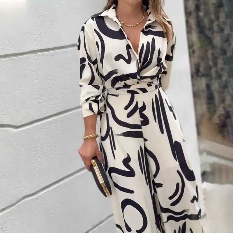 Spring Autumn Black White Print Jumpsuits Women Long Slve V-neck High Waist Wide Leg Jumpsuit Fashion Lady Commuting Clothing X250318
