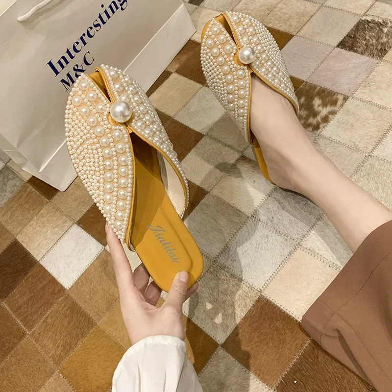 Ladies Bohemian Pearl Slippers Flat Sandals Summer Open Toe Ladies Shoes Crystal Flip Flops Wholesale 250318
