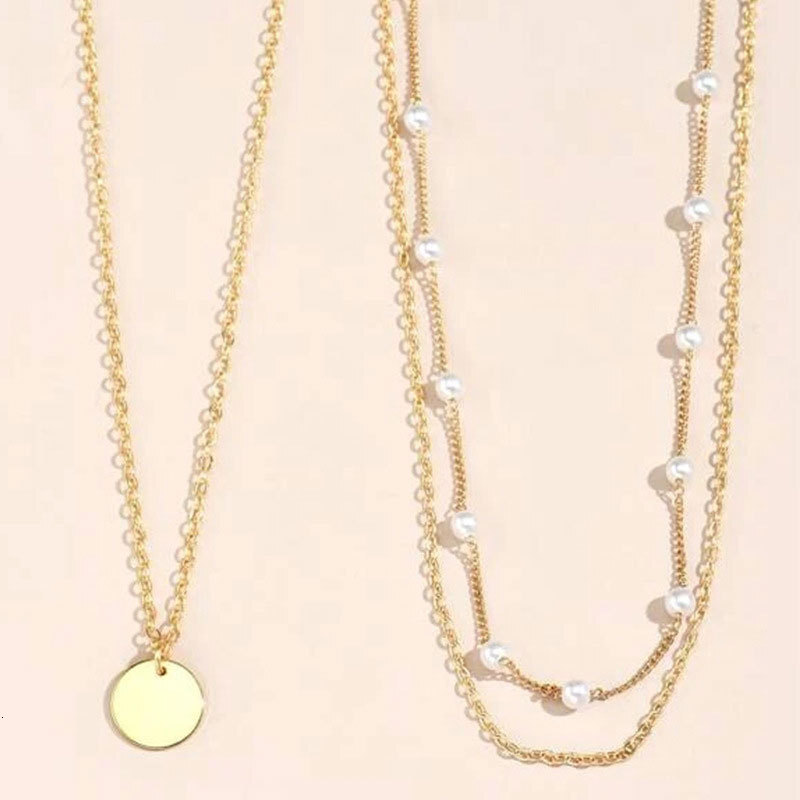 Imitation Pearl Chain Round Piece Pendant Three Layer Necklace Women Simple Collarbone Chain Choker Jewelry