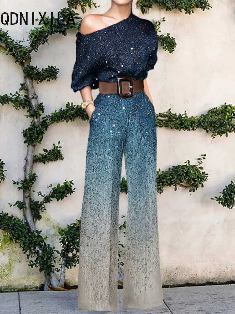 New womens jumpsuit elegant office ladies loose wide leg pants tight fitting clothes collar floral print Swt womens jumpsuit X250318
