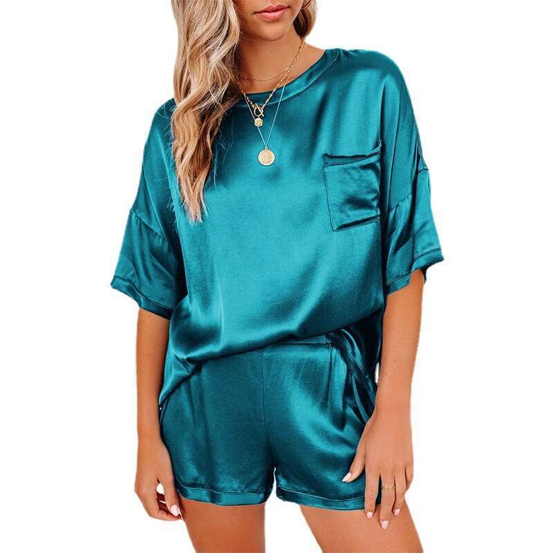 European and American Solid Color Chiffon Pamas Home Clothes Short Sleeve Shorts Loose Casual Two Piece Set 2025 Versatile Style New Trendy Clothing I