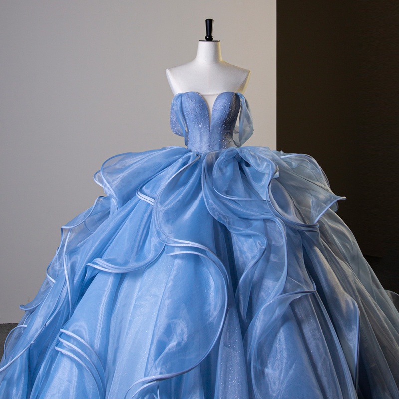 Blue Shiny Princess Ball Gown Quinceanera Dresses Crystals Beading Tull Tiered Sweet 16 Dress vestidos de 15 anos