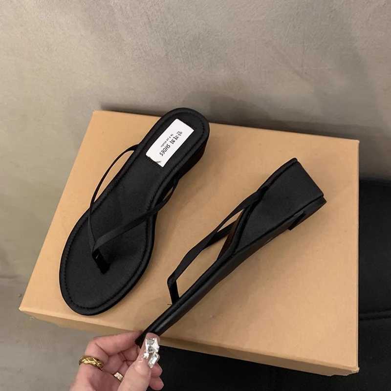 SUOJIALUN 2025 Summer New Wen Slipper Fi Narrow Band Ladies Slip Flip Shoes Low Wedge Heel Outdoor Dress Slides Y250317