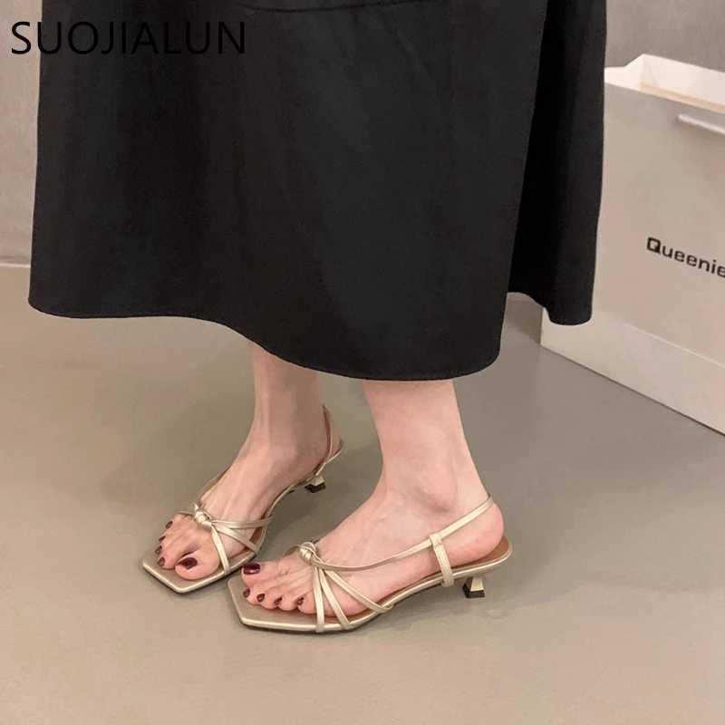 SUOJIALUN 2024 Summer Brand New Sandals Fi Narrowband Womens Elegant Slider Med Heel Outdoor Gladiator Shoes Y250317