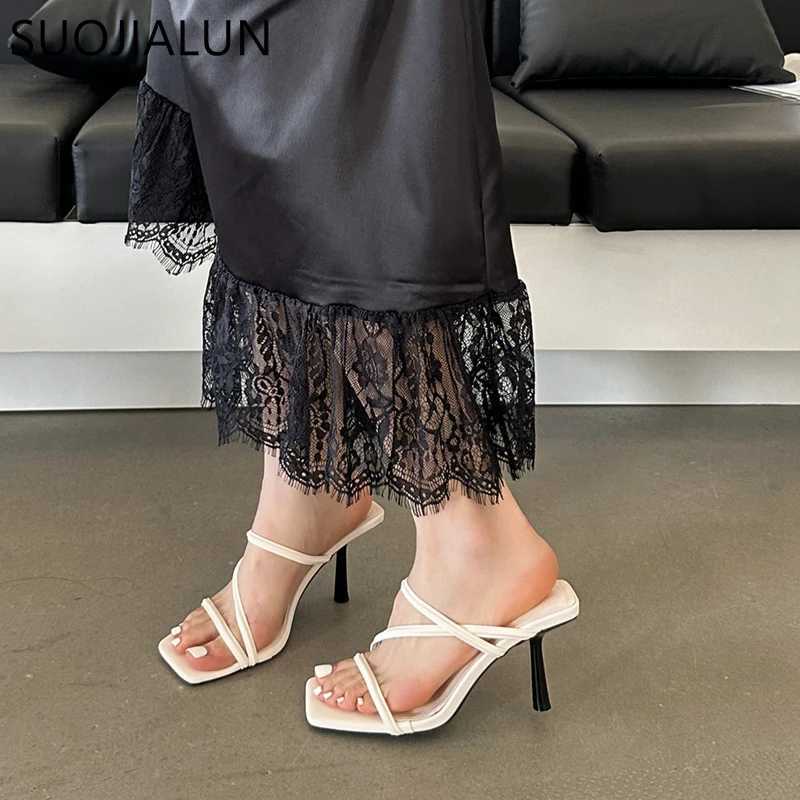 SUOJIALUN 2024 Summer New Warm Smooth Fi Narrowband Womens Elegant Sandals Thin High Heels Dress Slip Pump Y250317