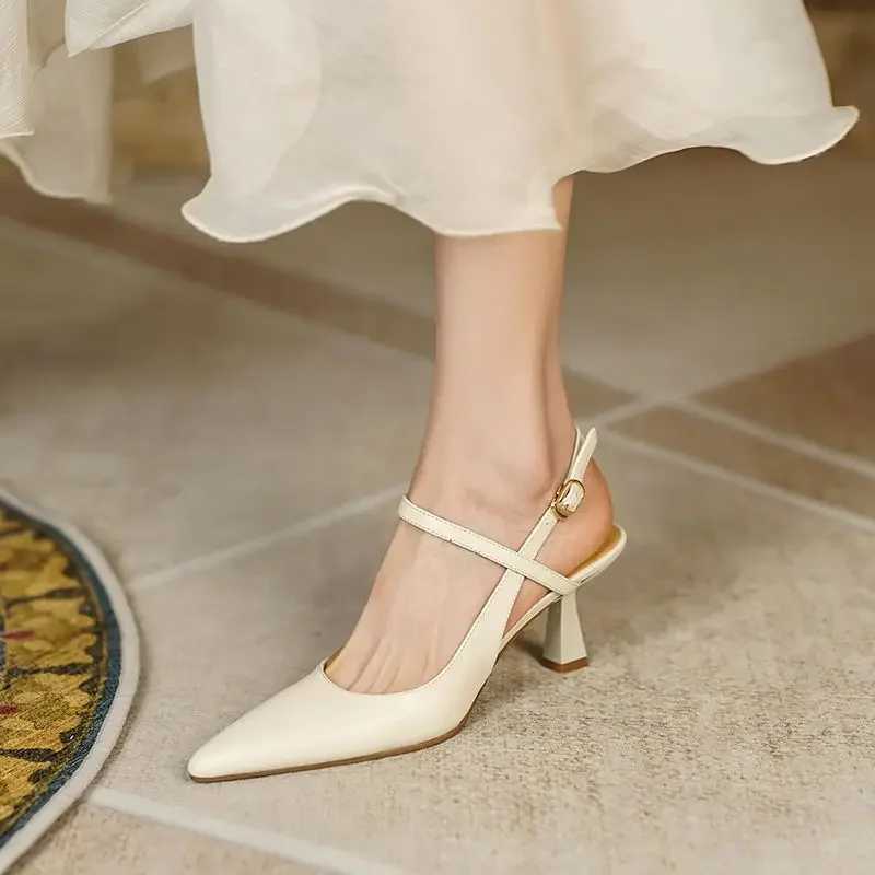Summer 2024 Pointed Toe White Pumps Heeled High H Footwear Buckles Ladies Shoes Beige Sandals for Wen H Korea Cfort S Y250317