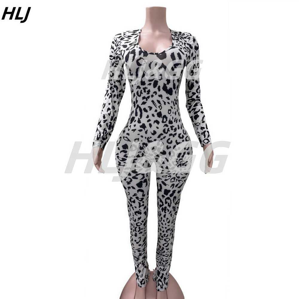 HLJ sexy backless lace Up Leopard Bodycon jumpsuit womens O-neck long Sleve leggings one-piece Playsuits fashion set X250318