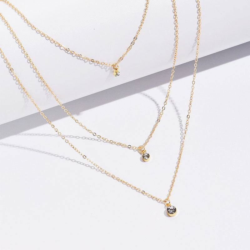 Three-layer Round Rhinestone Pendant Necklace For Women Simple Fashion Multi-layer Choker Collarbone Chain Jewelry
