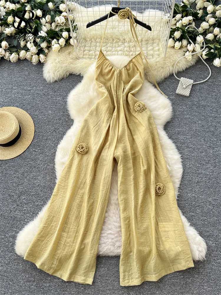 SINGREENY 2025 vacation casual jumpsuit with camisole straps strapless zipper 3D floral design tight fitting clothes summer fashion womens jumpsuit X2