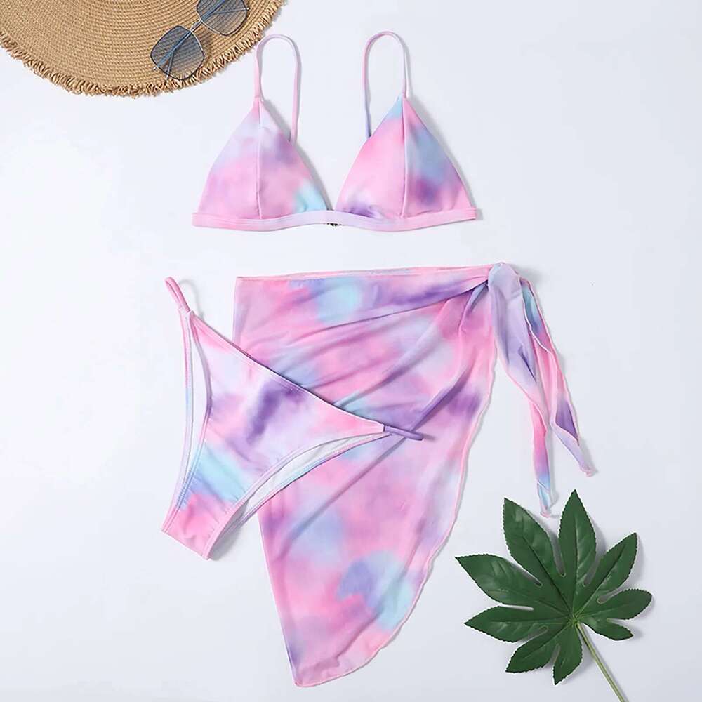 Women's slit tie dye printed high waisted bikini, mesh skirt, 3-piece swimsuit, cute