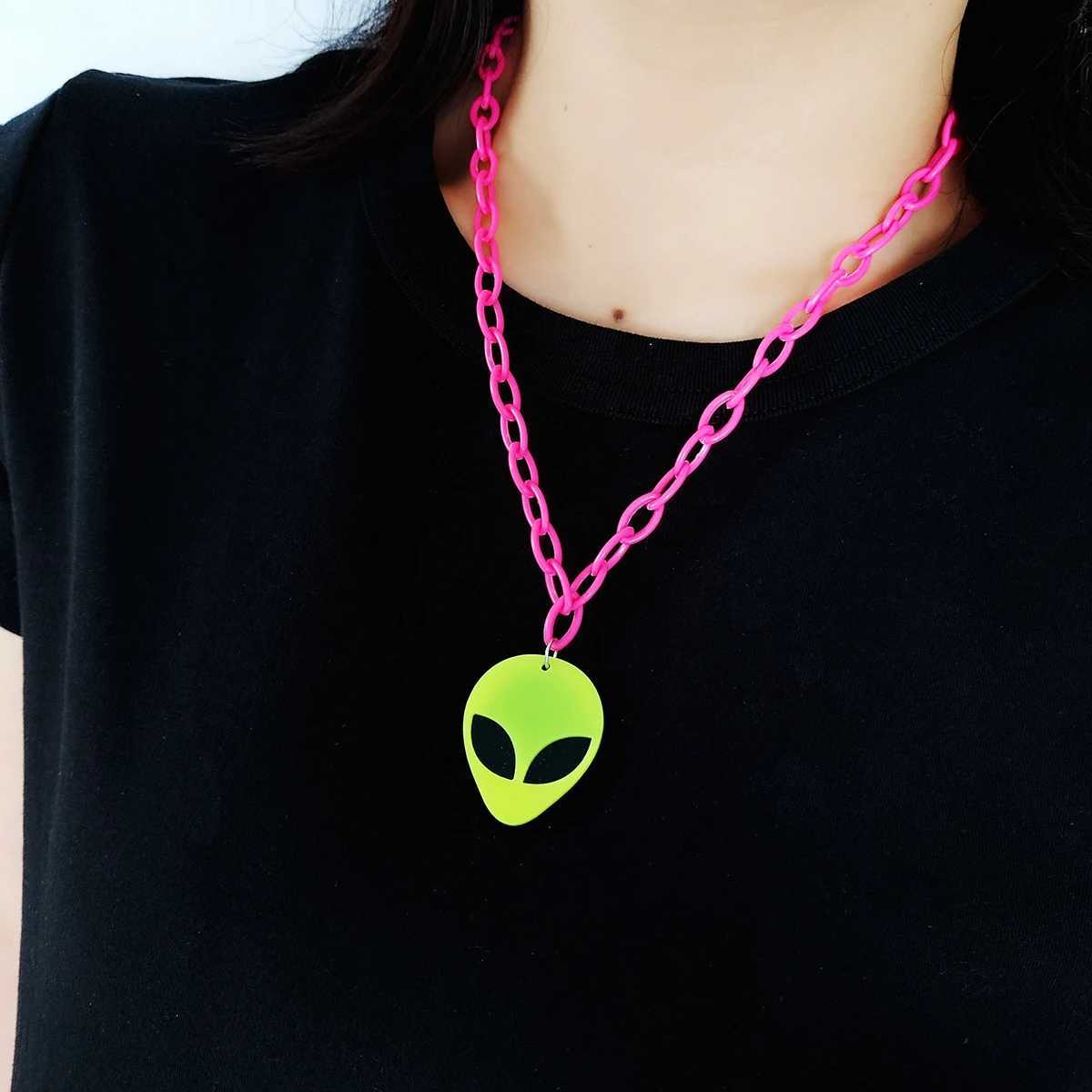 Y2K Hip Hop Rock Comparison Fluorescent Alien Pendant Long Hair Clothing Chain Necklace Womens Accessories W250318