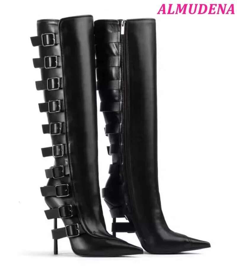 Vintage Sexy Metal Heels Leather Ankle Boots Women's Pointed Toe Buckled Zipper Knee High Boot Designer Black Shoes