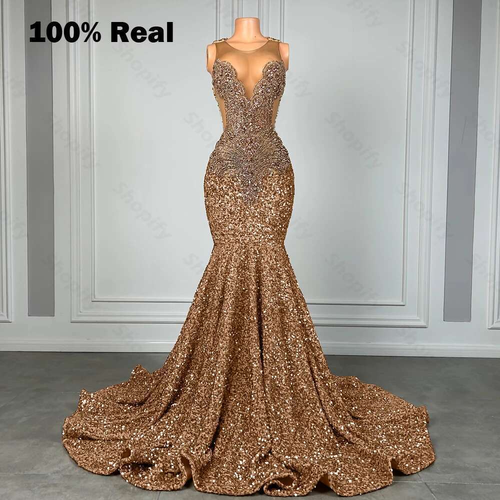 Sparkly Brown Dia Long Dresses For Black Girl Beads Rhie Gold Sequin Mermaid Prom Gowns 2025 Customized Dr0318