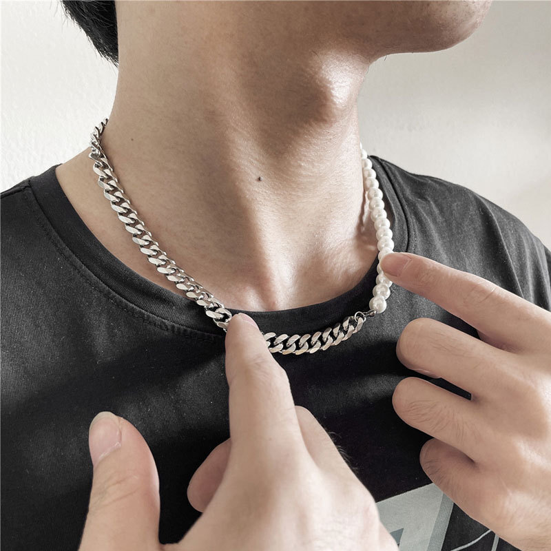 Stainless Steel Imitation Pearl Splicing Necklace Men's Non-fading Titanium Steel Pearl Chain Jewelry