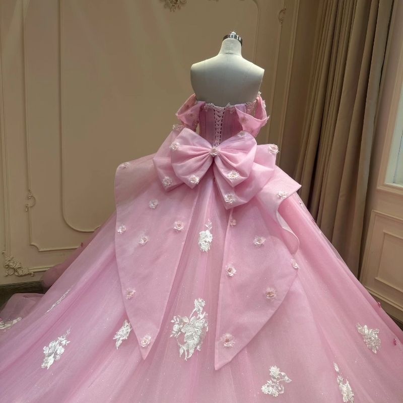 Pink Shiny Princess Off The Shoulder Ball Gown Quinceanera Dresses 3D Flowers Applique Beads Tull Sweet 16 Dress Vestido 15 De Anos