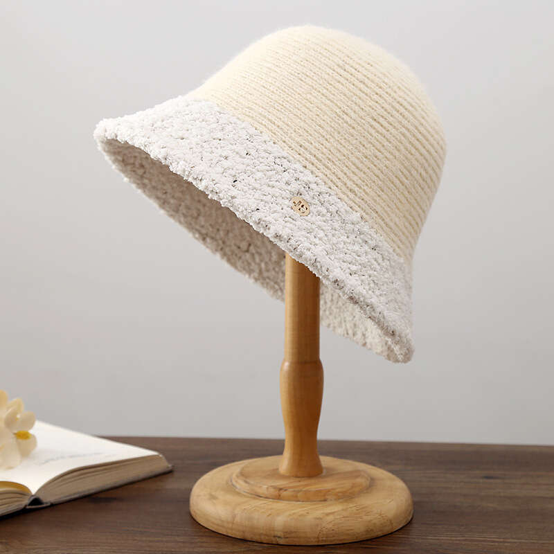 Splicing Women's Autumn Winter Plush Fisherman's Korean Edition Warm Knitted Bucket Fashionable Face Showing Small Hat Trendy